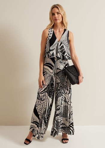 Phase Eight Saskia Abstract Pleated Jumpsuit Black/Multicolor Canada | OIGRHE-095